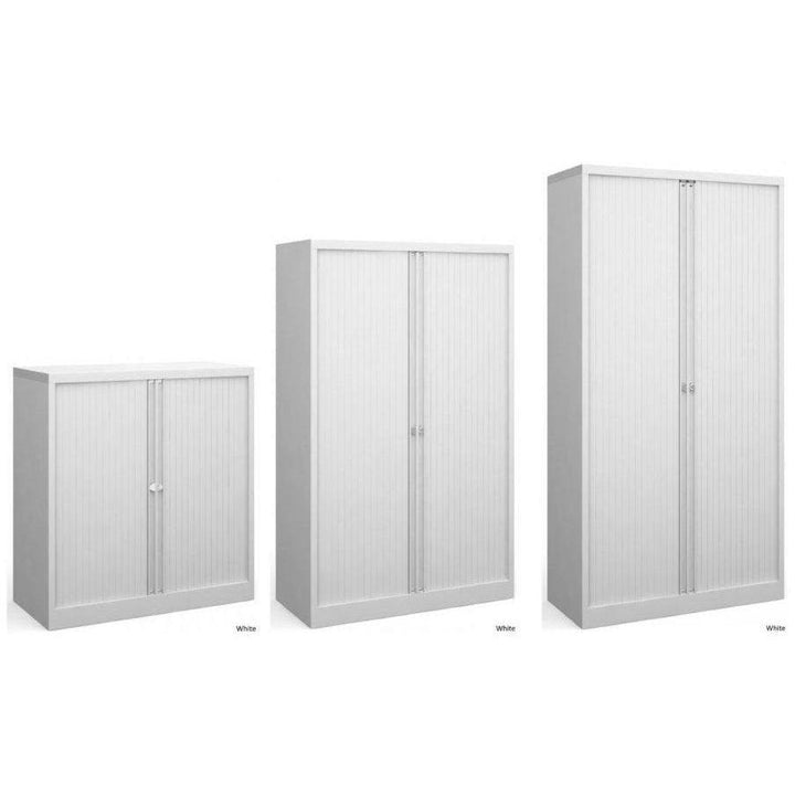 Three white Bisley tambour units of different sizes, London