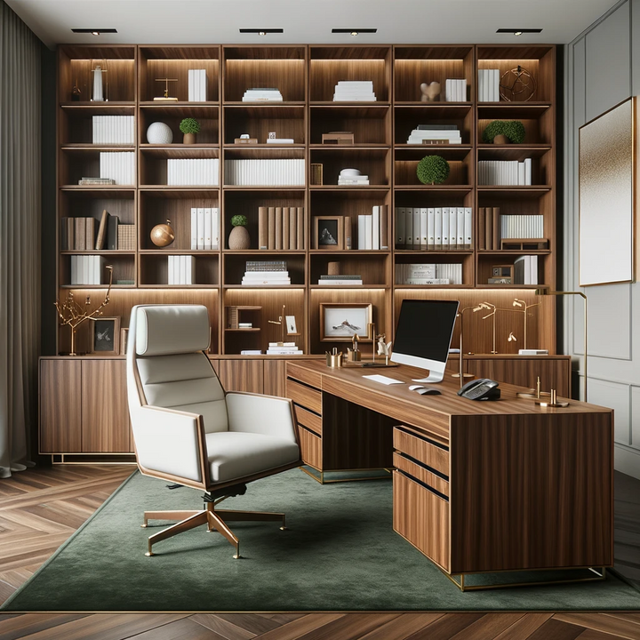 concept of a London office space with walnut office furniture