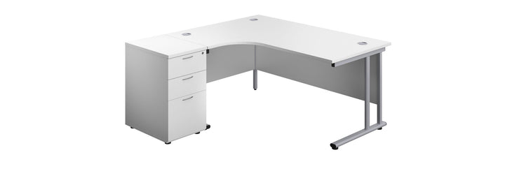 white curved office desk with desk high mobile pedestal
