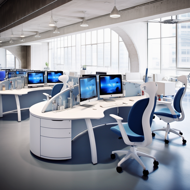 ergonomic office space with white office furniture in London