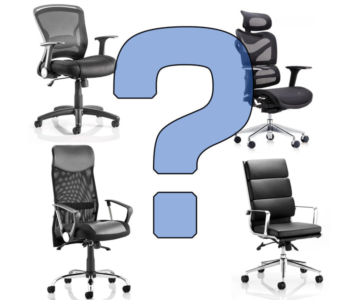 Large blue question mark with four office chairs on white background