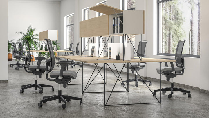 modern office furniture with desks chairs and storage