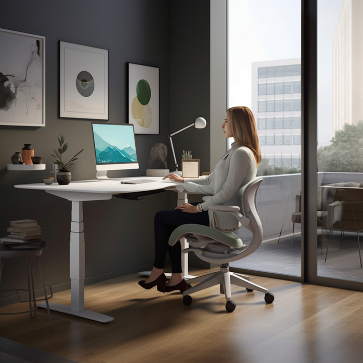 female at a sit-stand desk on an ergonomic office chair in London; white office furniture presentation