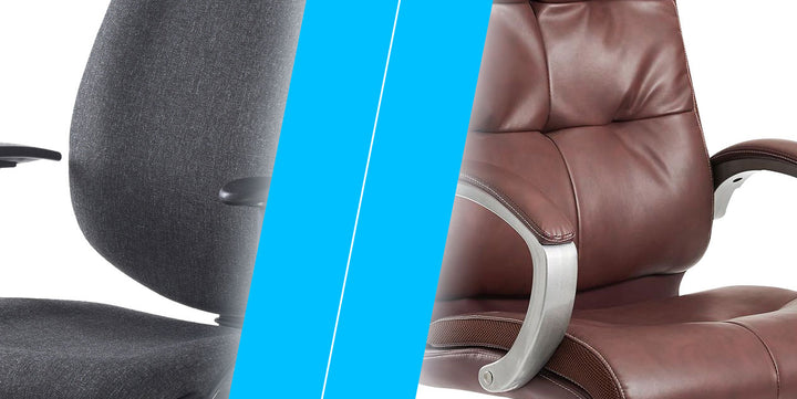 Comparison of leather office chairs and fabric office chairs; juxtaposition of fabric chair closup on the left and a leather chair closeup on the right, with a thick blue line at an angle in the middle