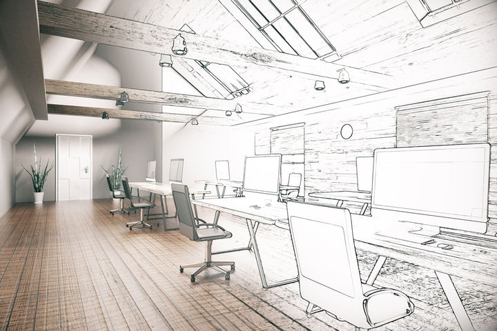 half-drawing half-photo of office interior with office chairs and desks and wooden floor 