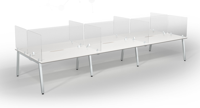 white office bench desks with perspex partition screens