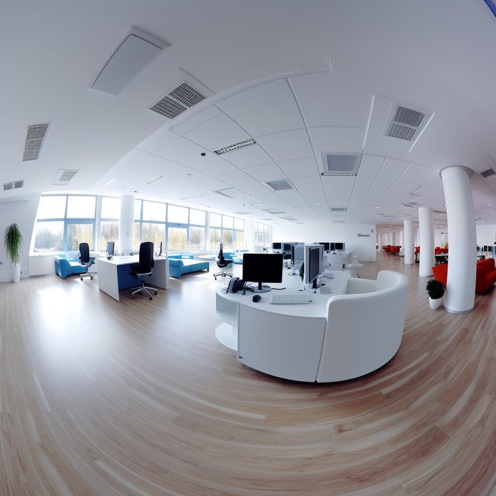 fish-eye lens photo of a London office with white desks and other office furniture