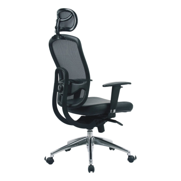 Back view of a high mesh back office chair. Office furniture on white background.