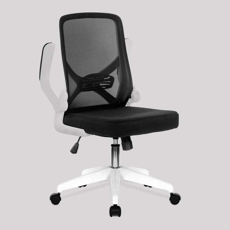 Black and white mesh back office chair with amrests lifted up. Office furniture on white background.