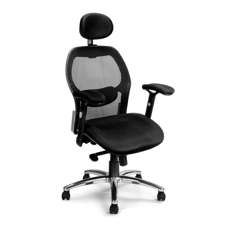 Space High Back Mesh Synchronous Executive Armchair with Adjustable Lumbar Support, Arms, Headrest and Chrome Base - Black ET
