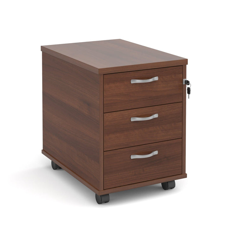 walnut finish mfc office pedestal with silver handles and three drawers, office furniture