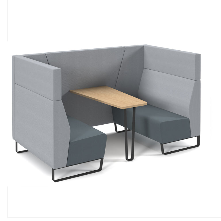 office furniture in the form aof a meeting booth ith grey opholstery and a wood-veneer table