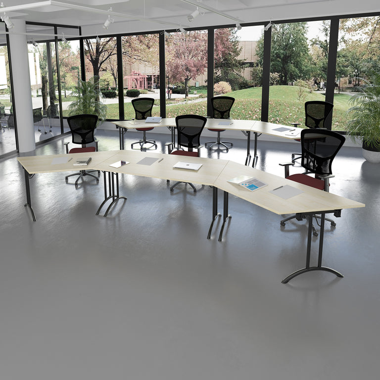office furniture, six office operator chairs with mesh backrests and six office tables with a background of natual scenery