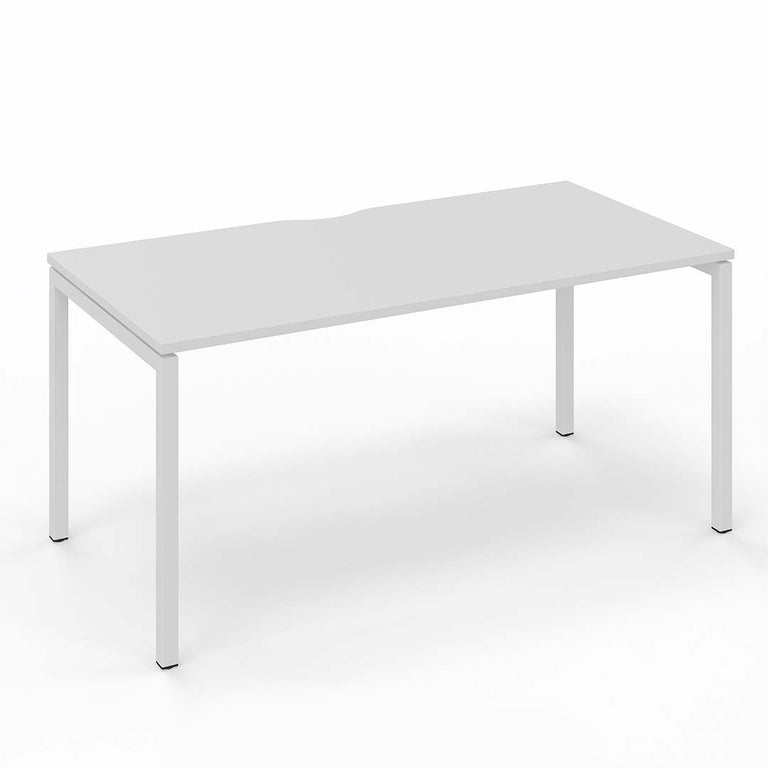 Single bench desk for a single office worstation in open plan office. White straight legs and white desktop
