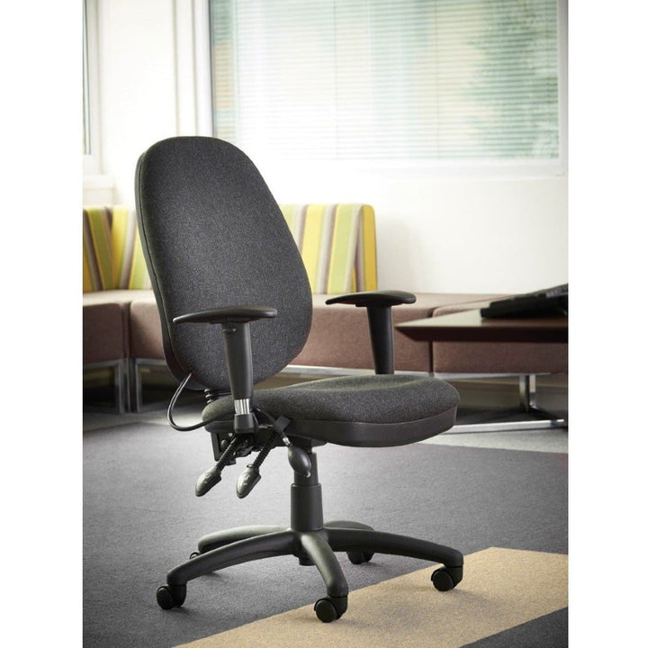 ergonomic office chair with grey upholstery in an office