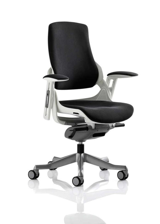 ergonomic operator office chair with white frame and black fabric upholstery