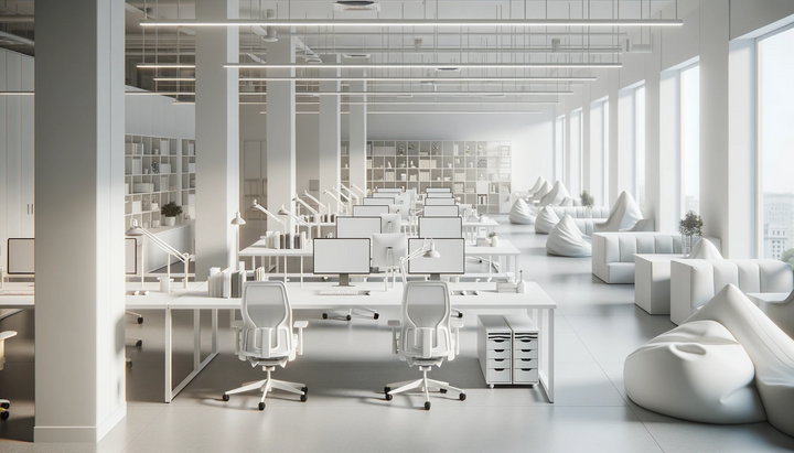 Render of an open plan office dominated by white furniture. The setup includes white standing desks, ergonomic chairs, and storage cabinets. 