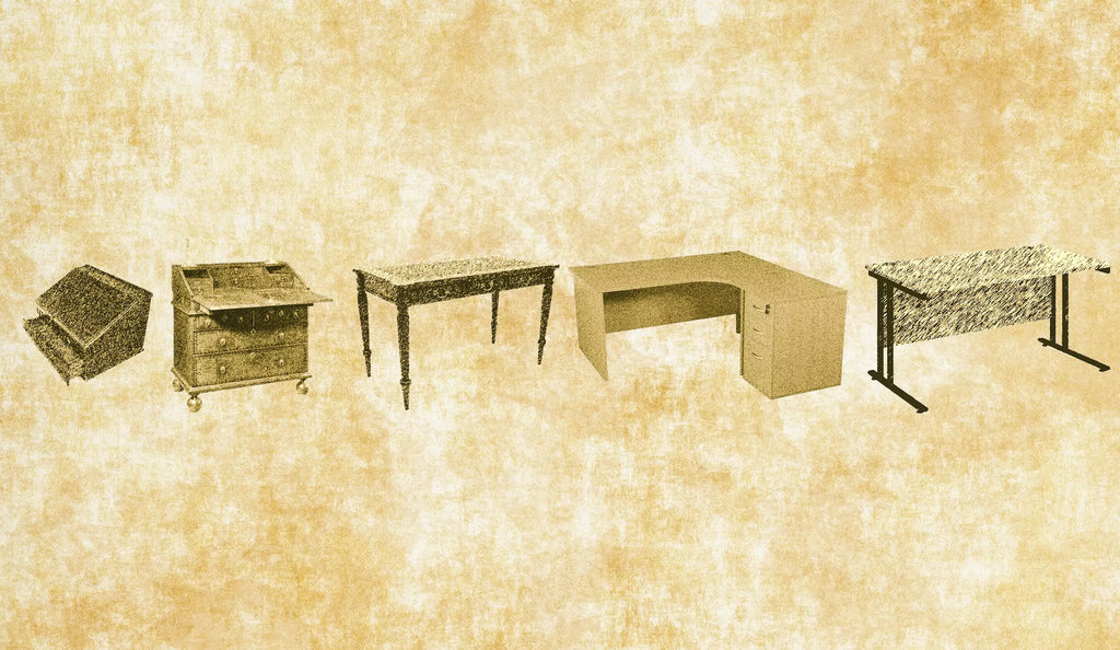 The evolution of office furniture. From a crude wooden table to a mode ...