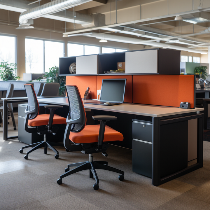 London office furnished with high-end office furniture with orange accents