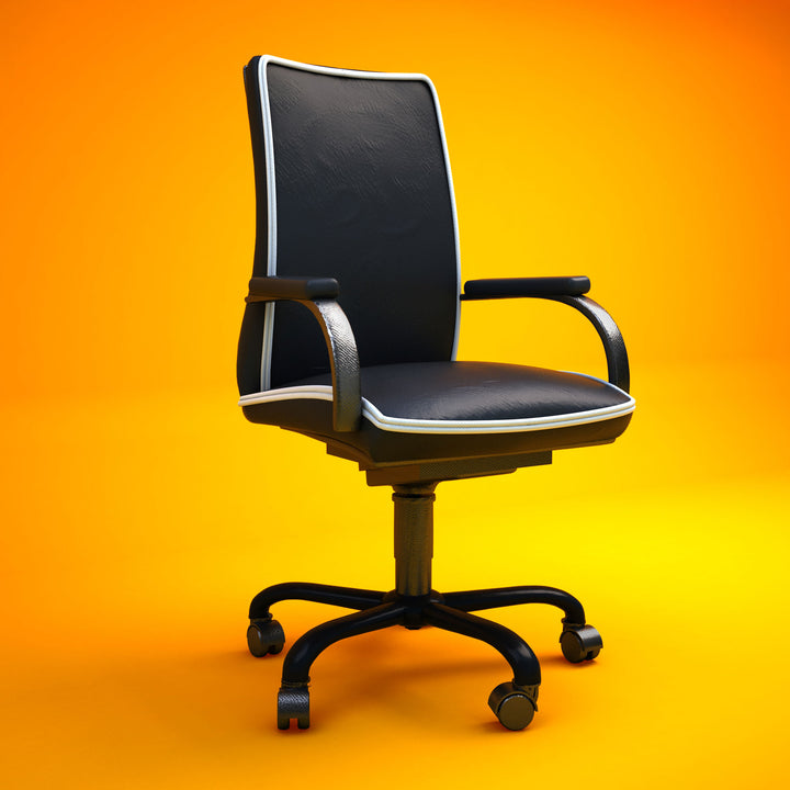 black leather swivel office chairs on vibrant orange background