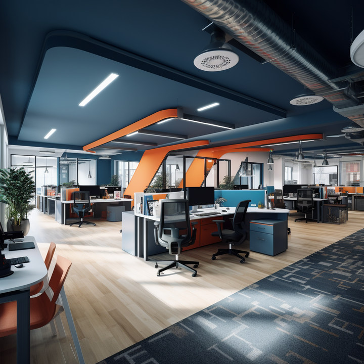 Modern office with high ceiling, orange dividers, plants, and a mix of wood and carpeted flooring.