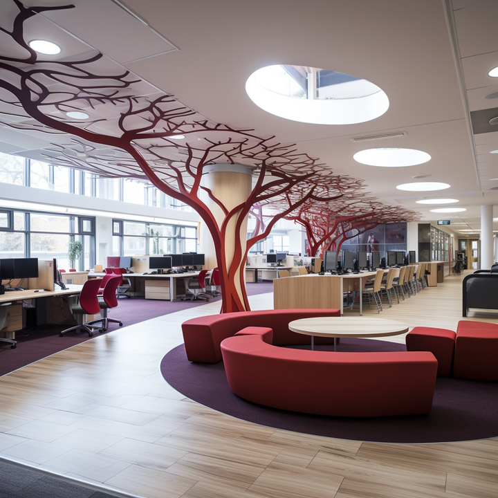 large open space in a UK college with lots of office furniture