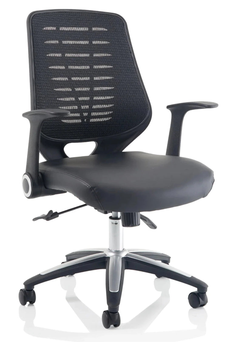 front-right side of relay operator office chair with leather seat
