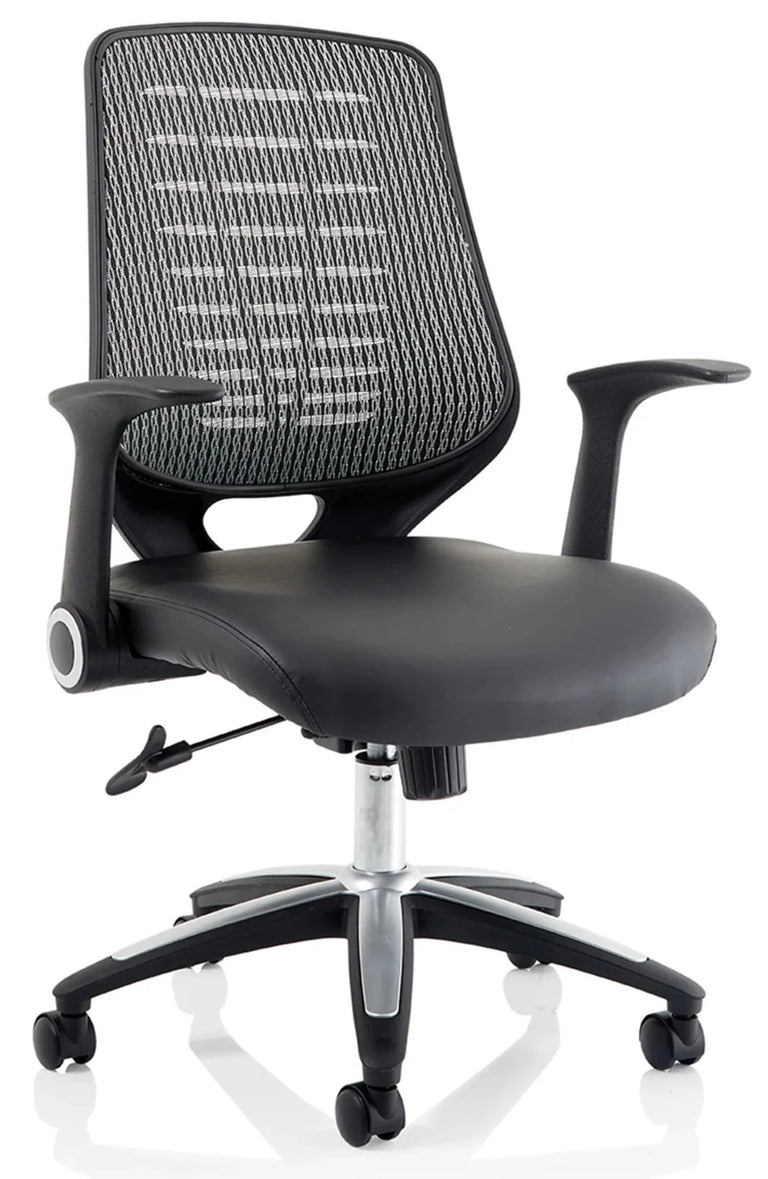 front-right  side of relay operator office chair with leather seat and silver mesh backrest