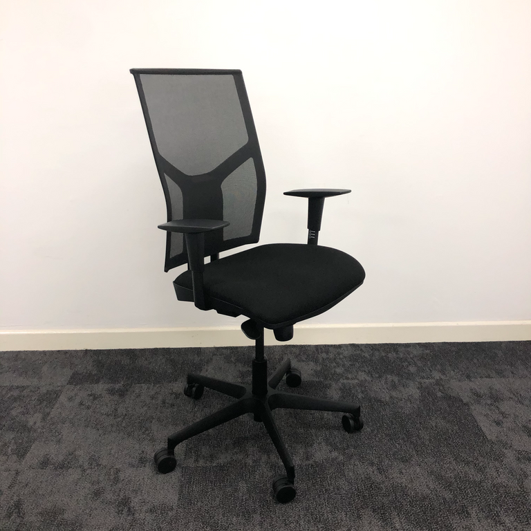 Black office chair with mesh backrest and adjustable armrests,