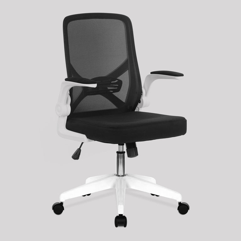 Black and white, mesh backrest office chair.