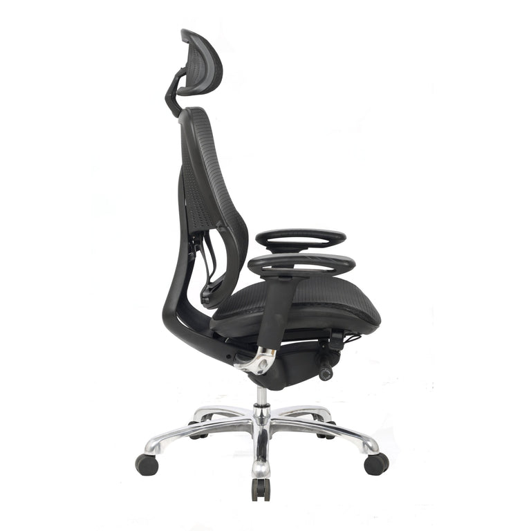 Side view of ergonomic executive mesh office chair. Office furniture on white background.
