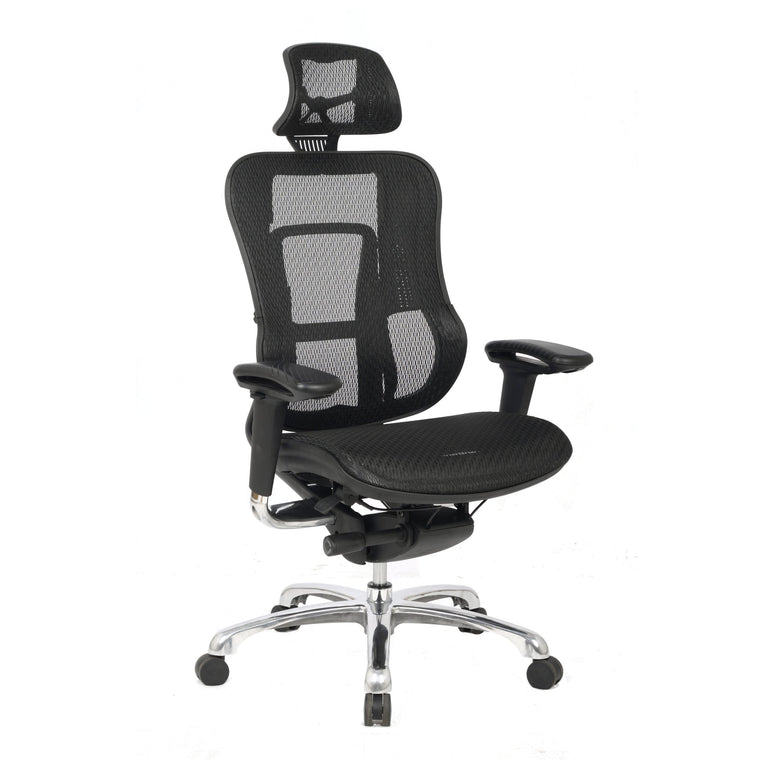 Executive mesh office chair with a headrest. Office furniture on white background.