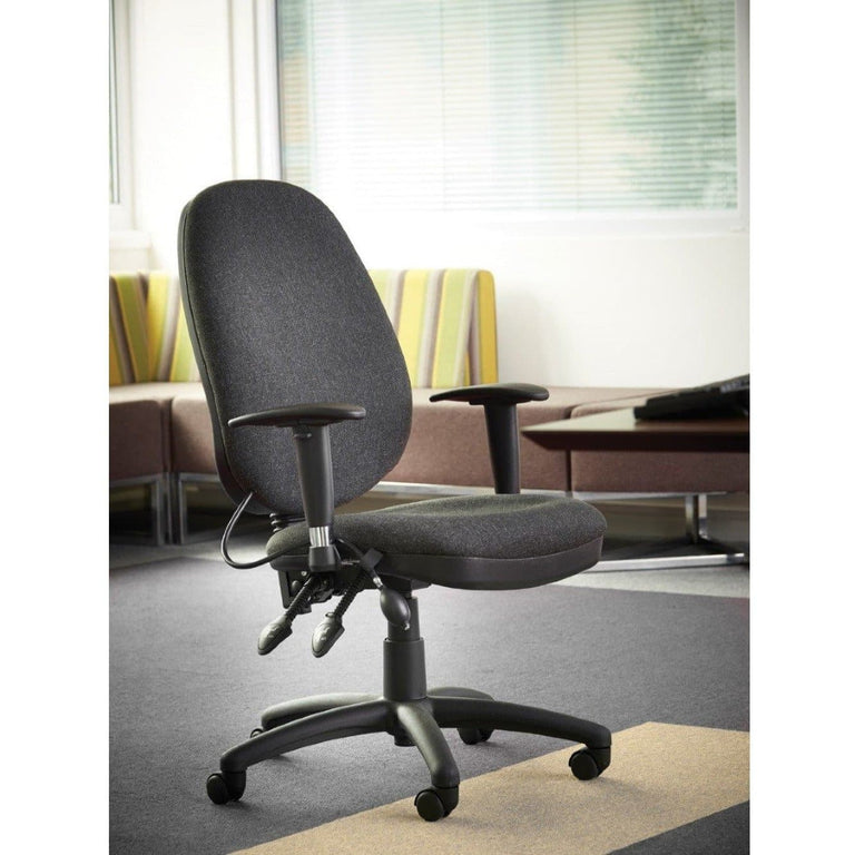 Ergonomic office chair with grey fabric upholstery