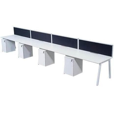 A pod of 4 white bench desks with drawers and desk screens.and 