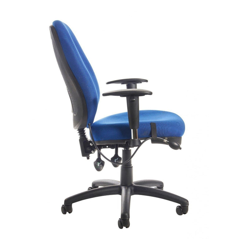 Eight perspective of a blue fabric ergonomic chair with generous padding, 2 adjustment levers and a lumbar support pump; white background
