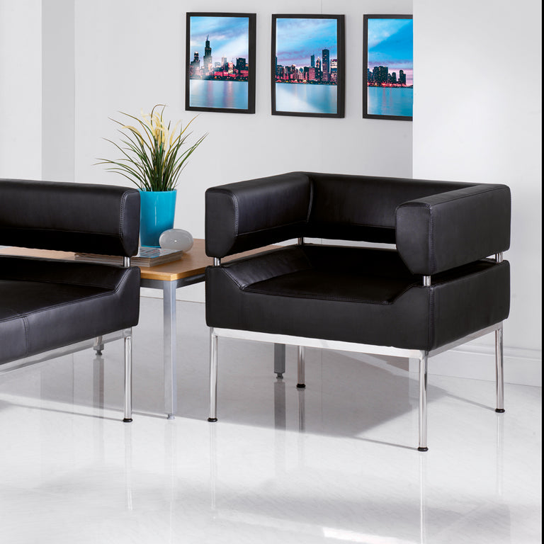 office reception with faux leather seating