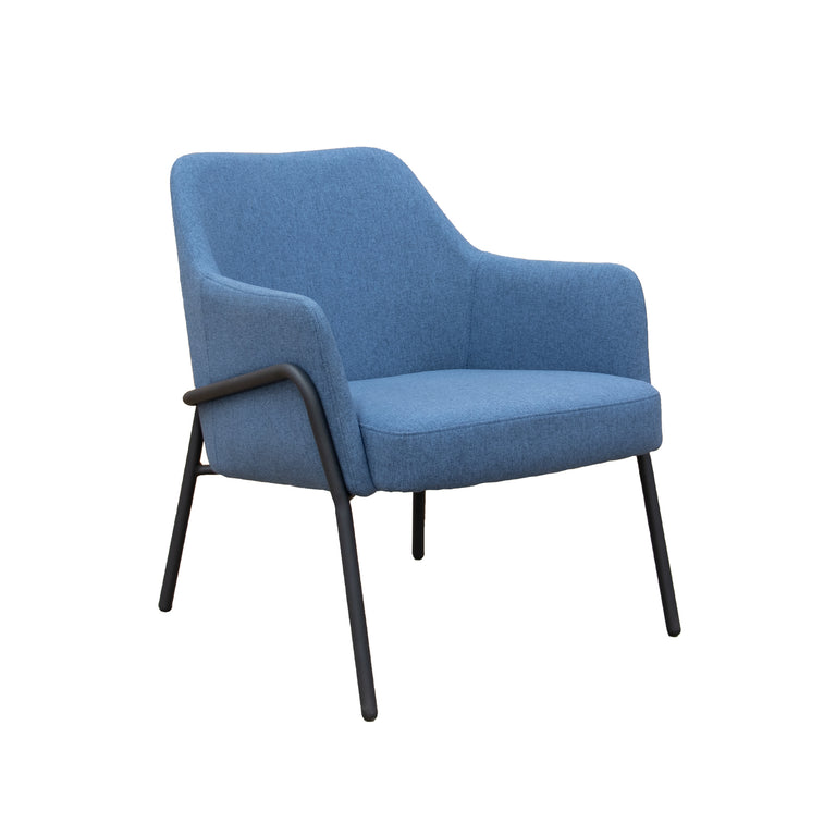 blue office lounge chair with black legs on white background; office furniture