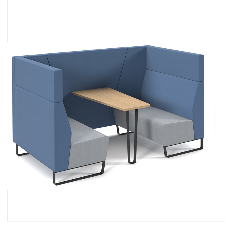 Blue office meeting booth with a wood finish table