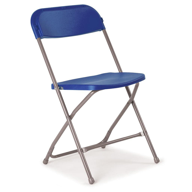 Exam folding chair with blue seat and backrest.