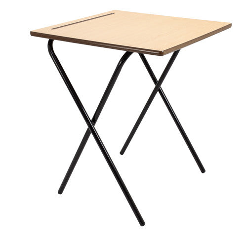 Folding exam table with beech finish desktop with a pen groove.