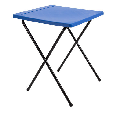 Folding exam table with blue desktop and a pencil groove.