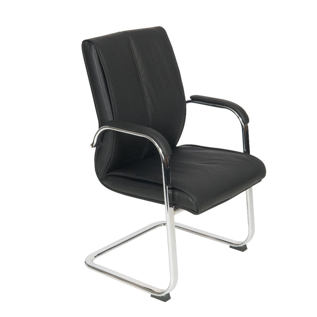 Black leather meeting office chair with padded chrome armrests
