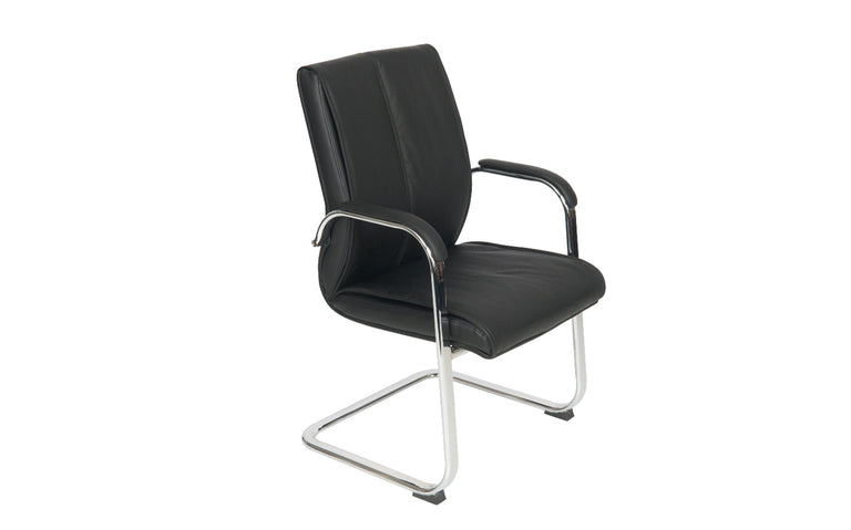 Black leather meeting office chair with padded chrome armrests